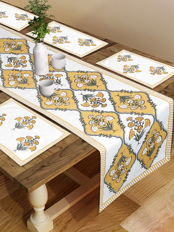 White and Yellow Set of 7 Cotton Printed Floral Table Mat and Runner