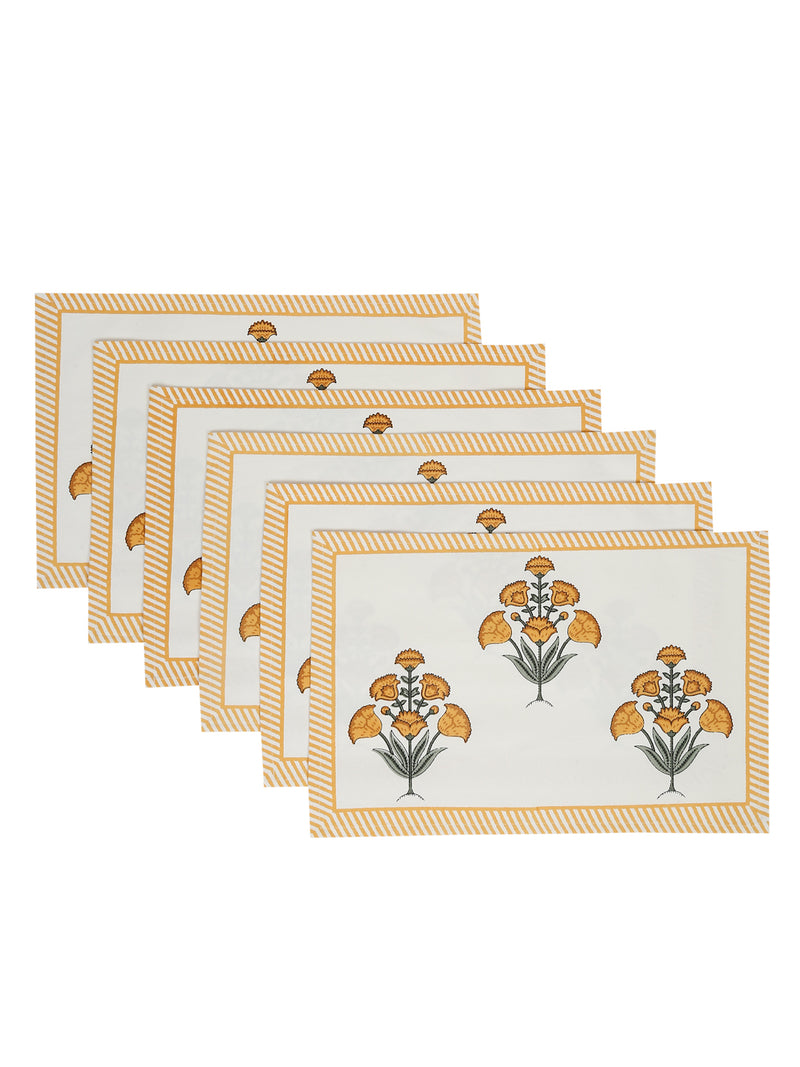 White and Yellow Set of 7 Cotton Printed Floral Table Mat and Runner