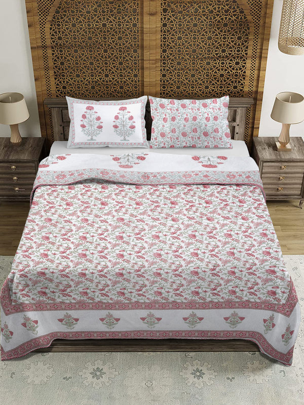 Rajasthan Decor White and Pink Cotton Double Bed Quilted Bed Spread with 2 Pillow Covers