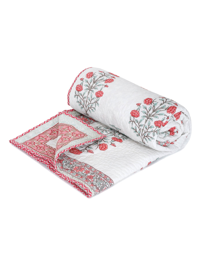Rajasthan Decor White and Pink Cotton Double Bed Quilted Bed Spread with 2 Pillow Covers