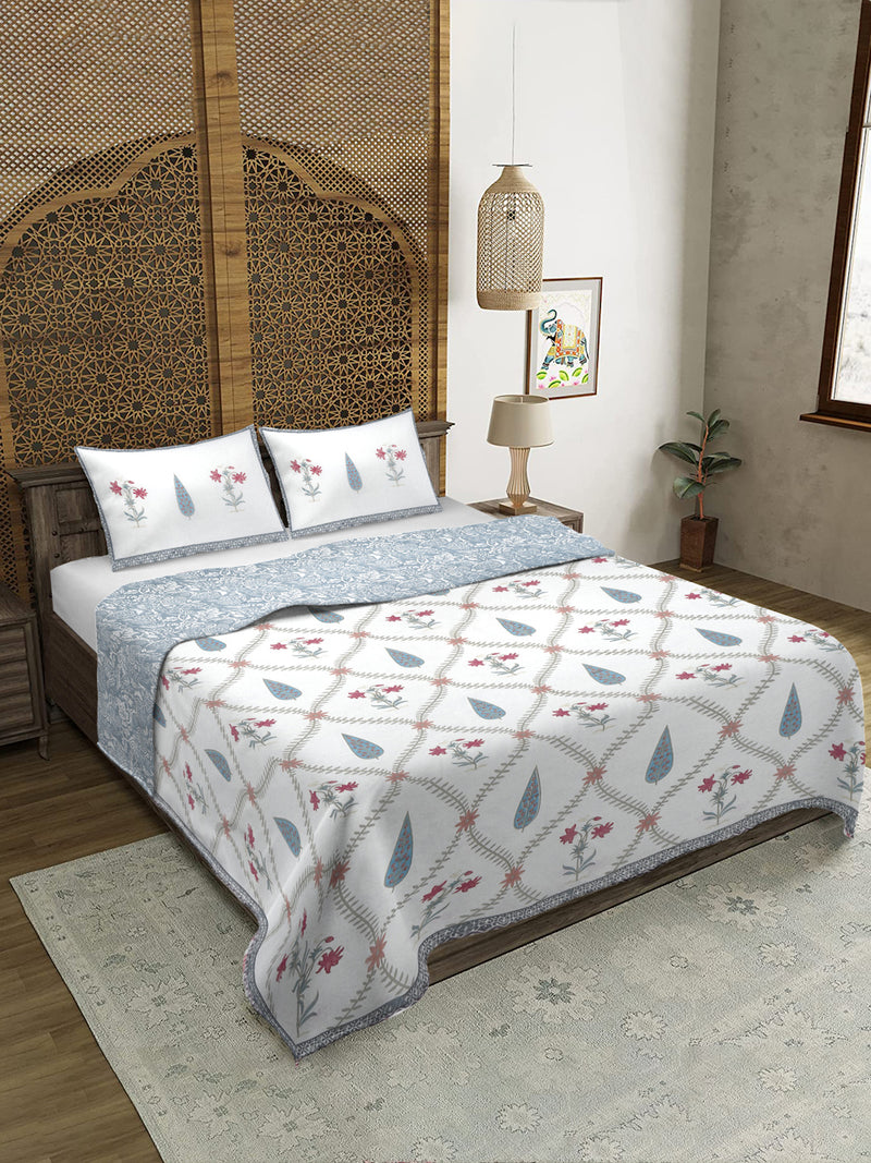 Rajasthan Decor White and Grey Cotton Double Bed Quilted Bed Spread with 2 Pillow Covers