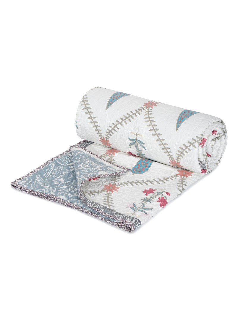 Rajasthan Decor White and Grey Cotton Double Bed Quilted Bed Spread with 2 Pillow Covers