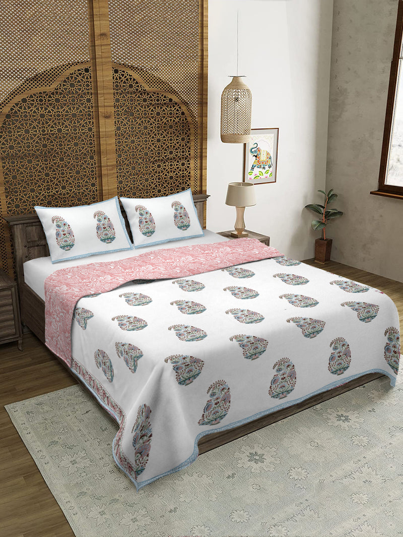 Rajasthan Decor White and Peach Cotton Double Bed Quilted Bed Spread with 2 Pillow Covers