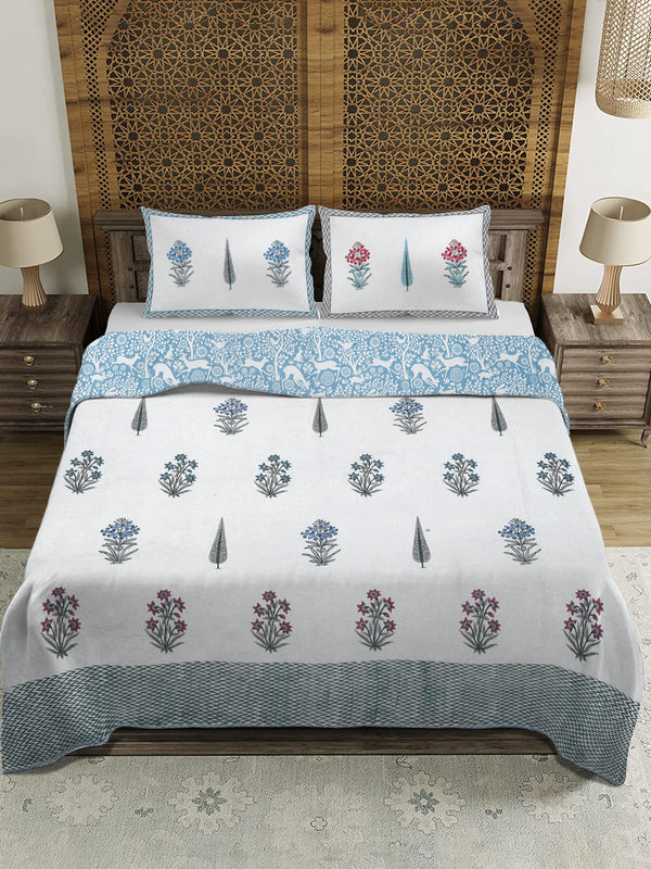 Rajasthan Decor White and Aqua Cotton Double Bed Quilted Bed Spread with 2 Pillow Covers