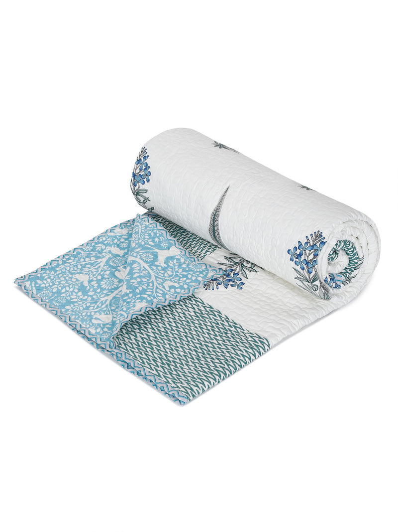 Rajasthan Decor White and Aqua Cotton Double Bed Quilted Bed Spread with 2 Pillow Covers