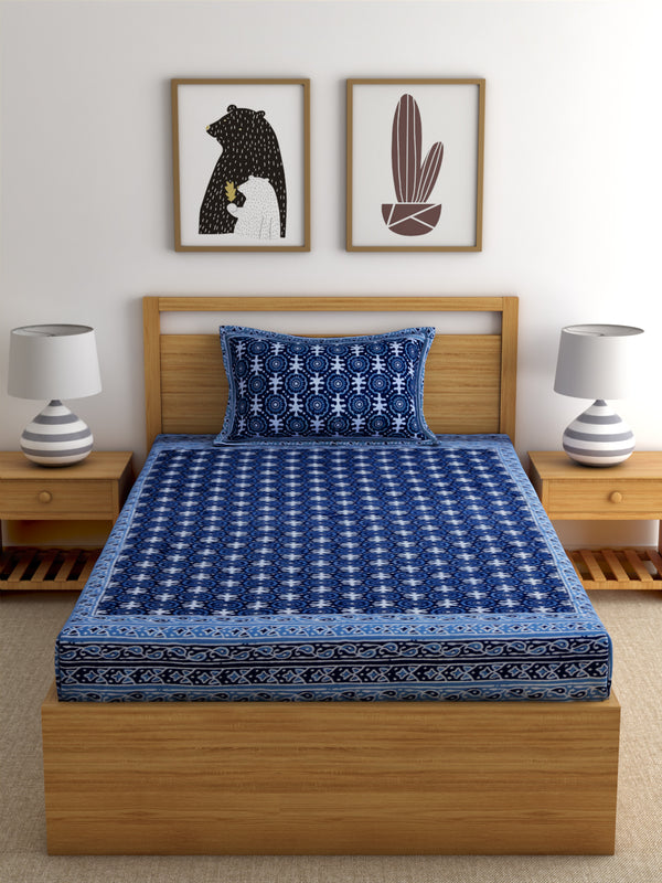 Rajasthan Decor Block Print Blue Color Cotton Single Bedsheet with 1 Pillow Cover