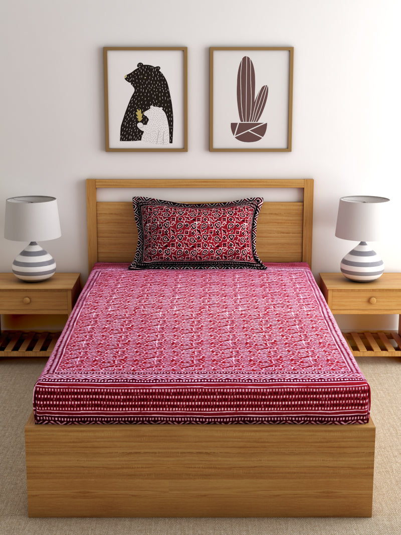 Screen Print Red Color Cotton Single Bedsheet with 1 Pillow Cover