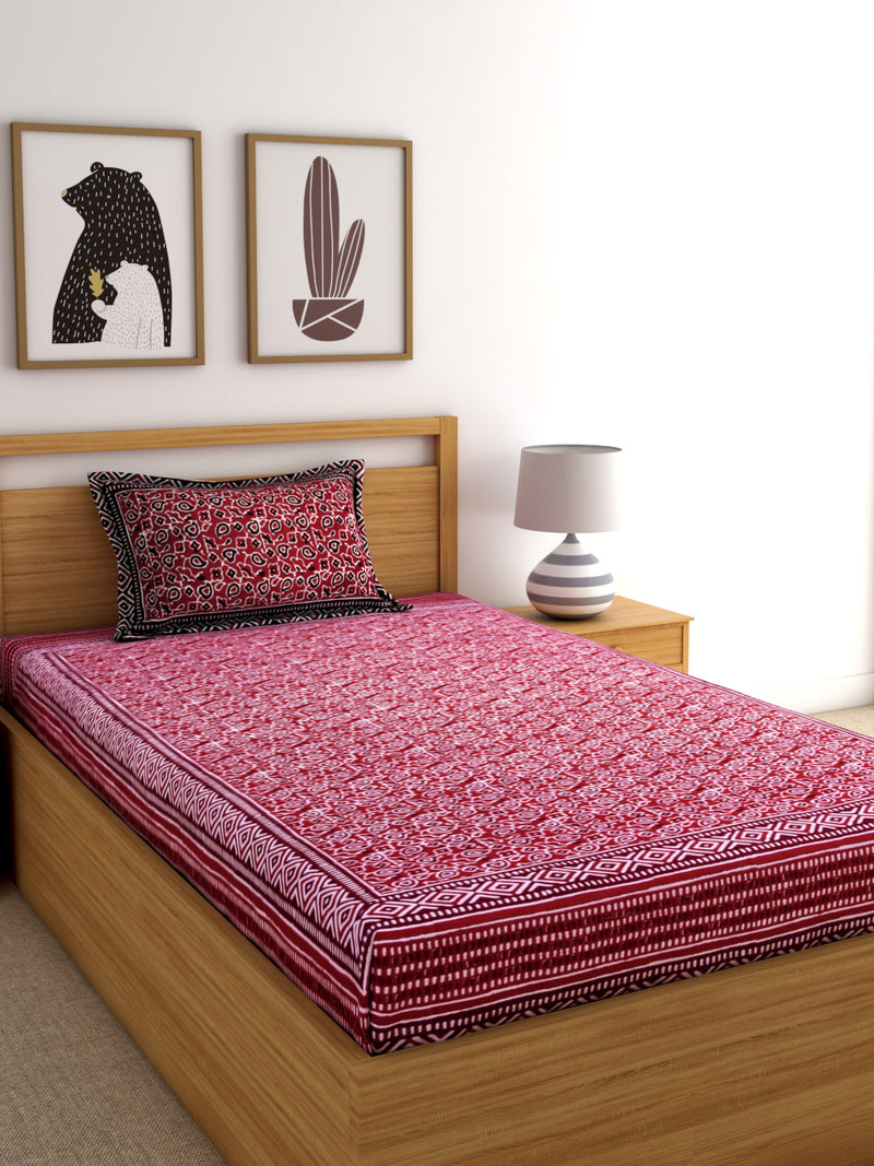 Screen Print Red Color Cotton Single Bedsheet with 1 Pillow Cover