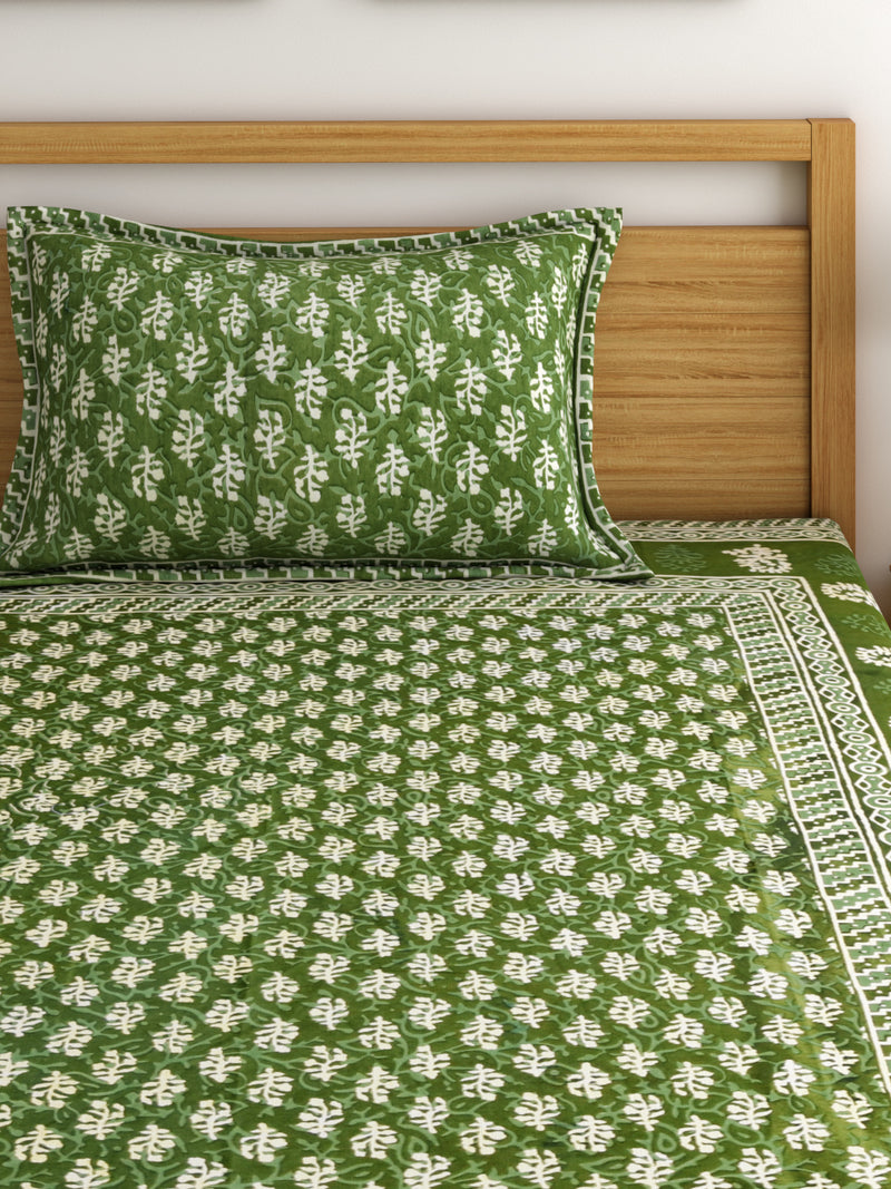 Screen Print Green Color Cotton Single Bed Sheet with 1 Pillow Cover