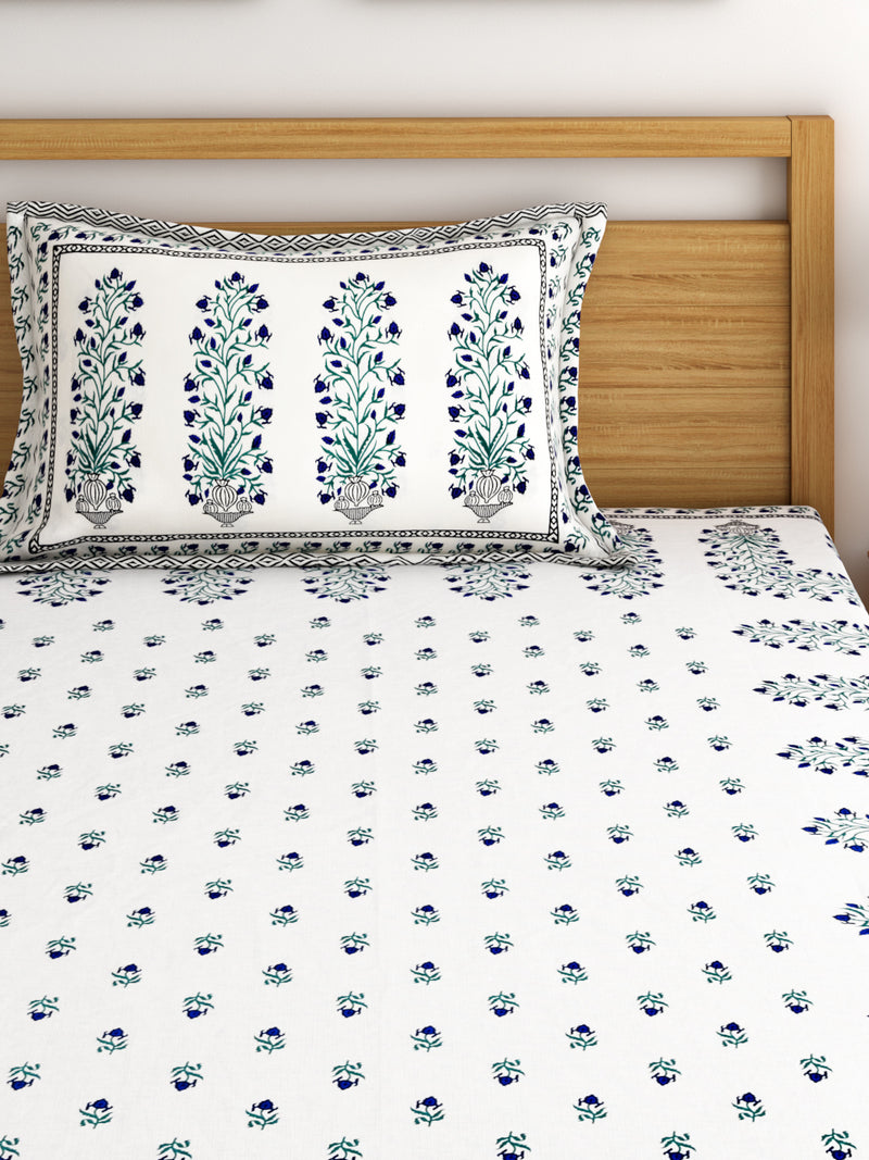 Screen Print Floral White Color Cotton Single Bedsheet with 1 Pillow Cover