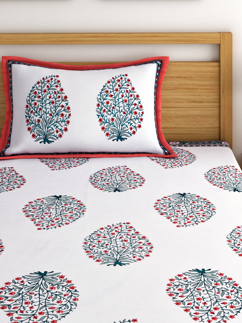 Screen Print Floral White Color Cotton Single Bedsheet with 1 Pillow Cover