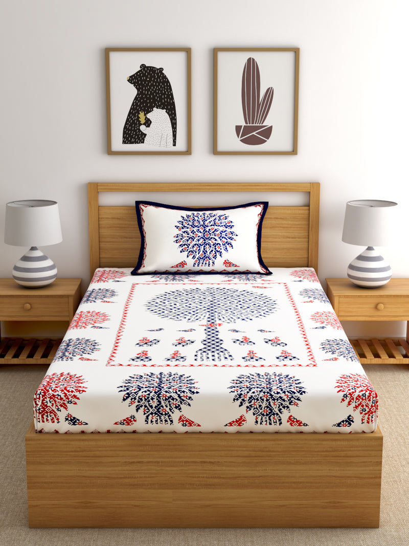 Screen Print Floral White Color Cotton Single Bed Sheet with 1 Pillow Cover
