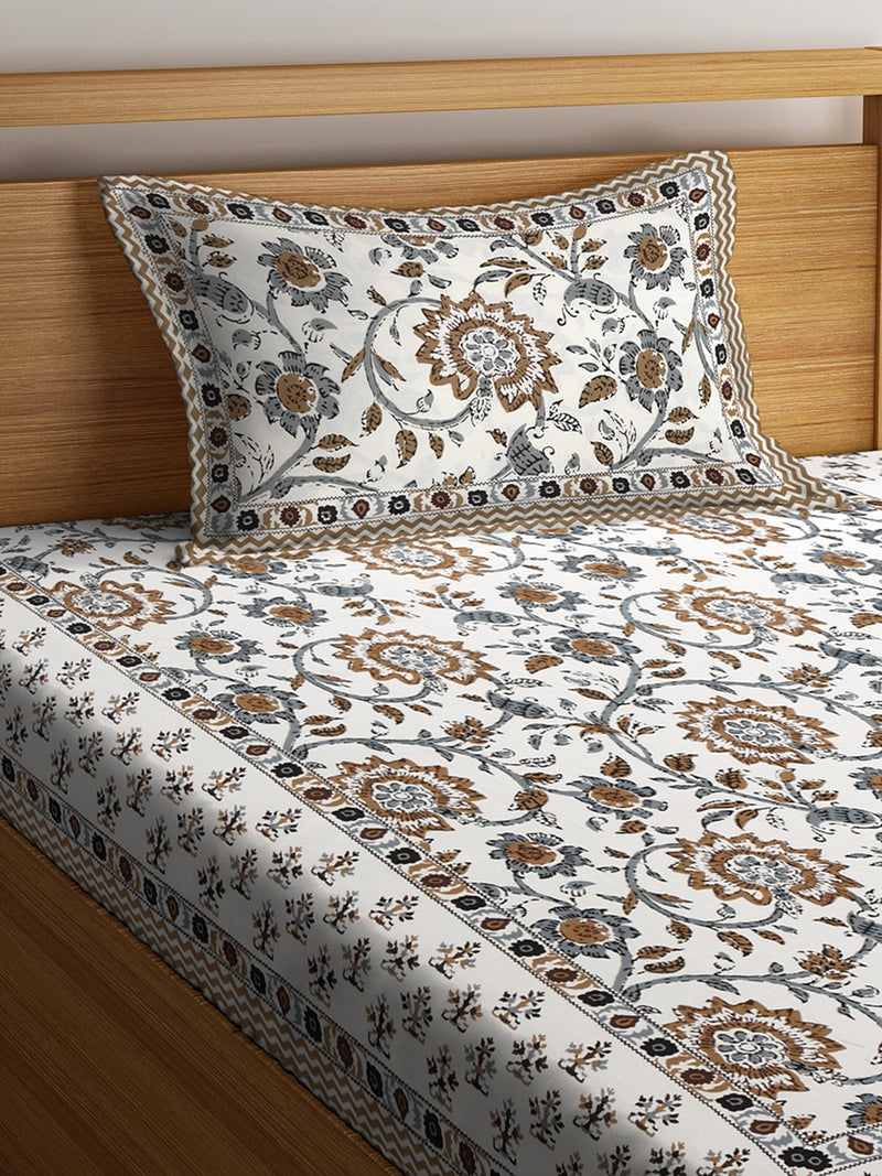 Rajasthan Decor Screen Print Jaiuri Cotton Floral Pattern Single Bedsheet with 1 Pillow Cover