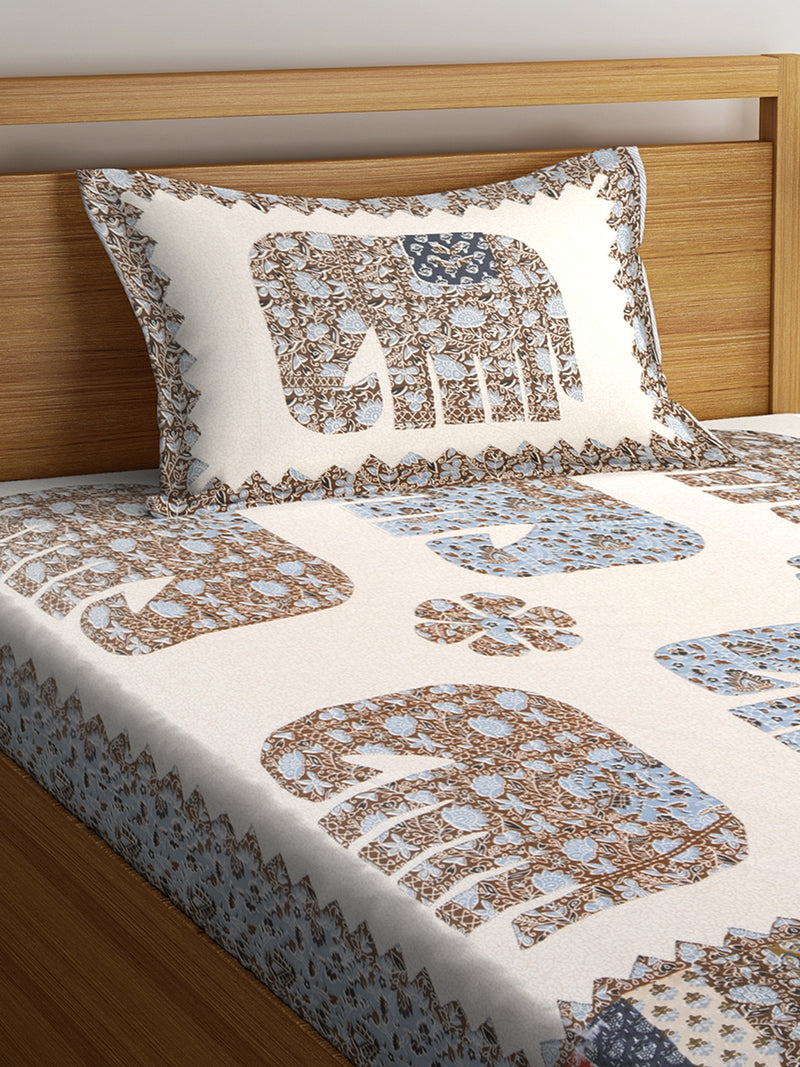 Beige Screen Block Print Jaipuri Print Single Bedsheet with 1 Pillow Cover