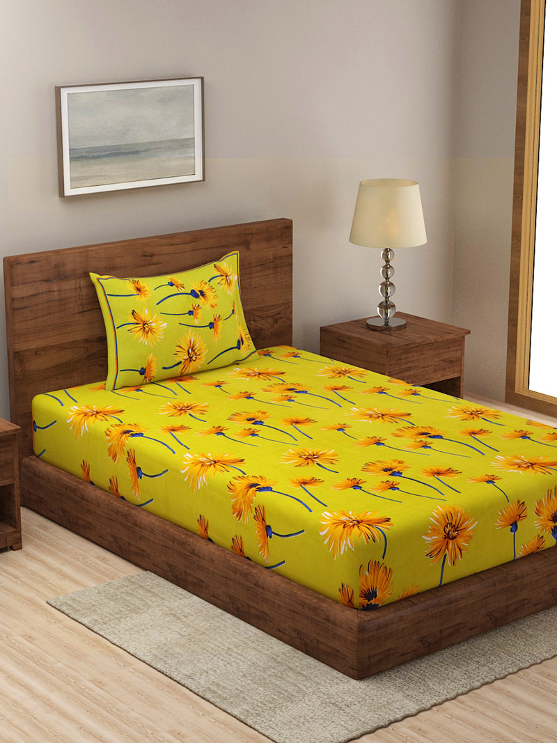 Yellow Color Floral Print Cotton Single Bed Sheet with 1 Pillow Cover