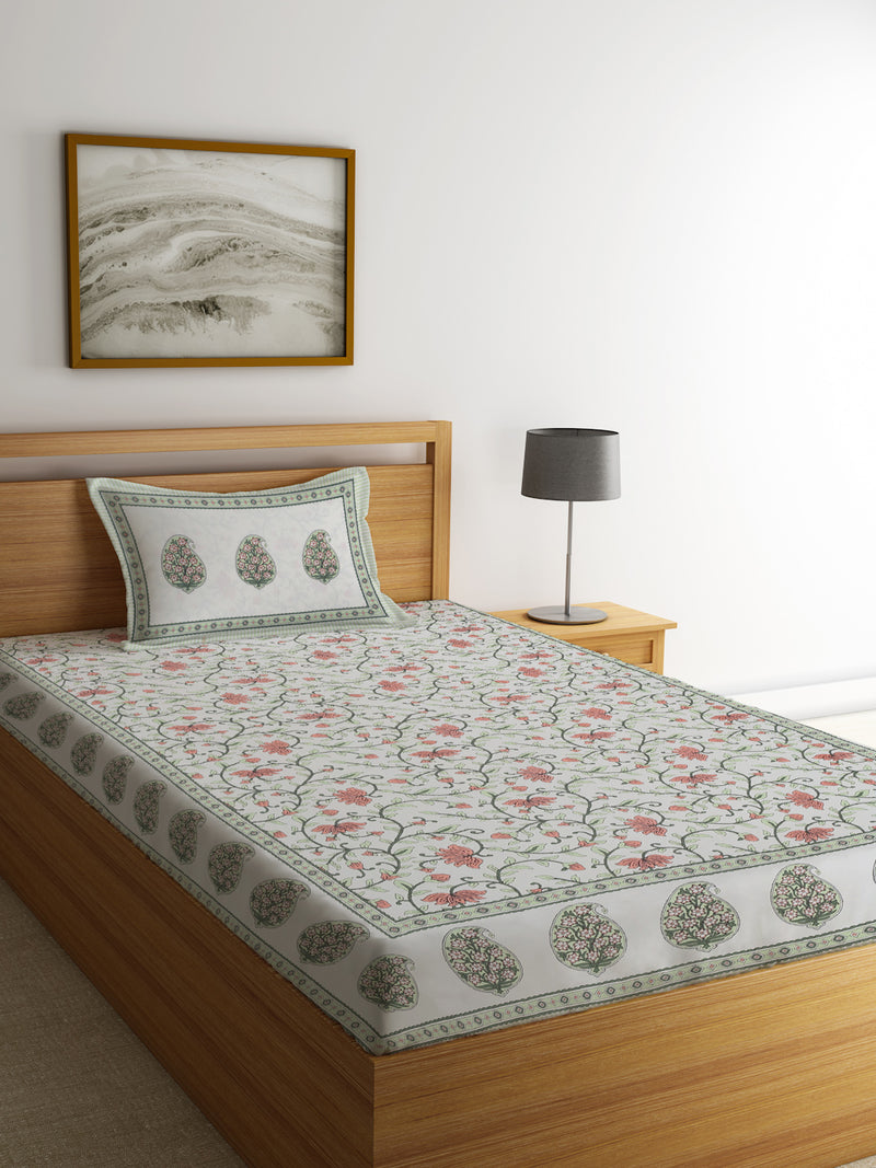 White and Green Cotton Jaipuri Floral Single Bed sheet with 1 Pillow Cover