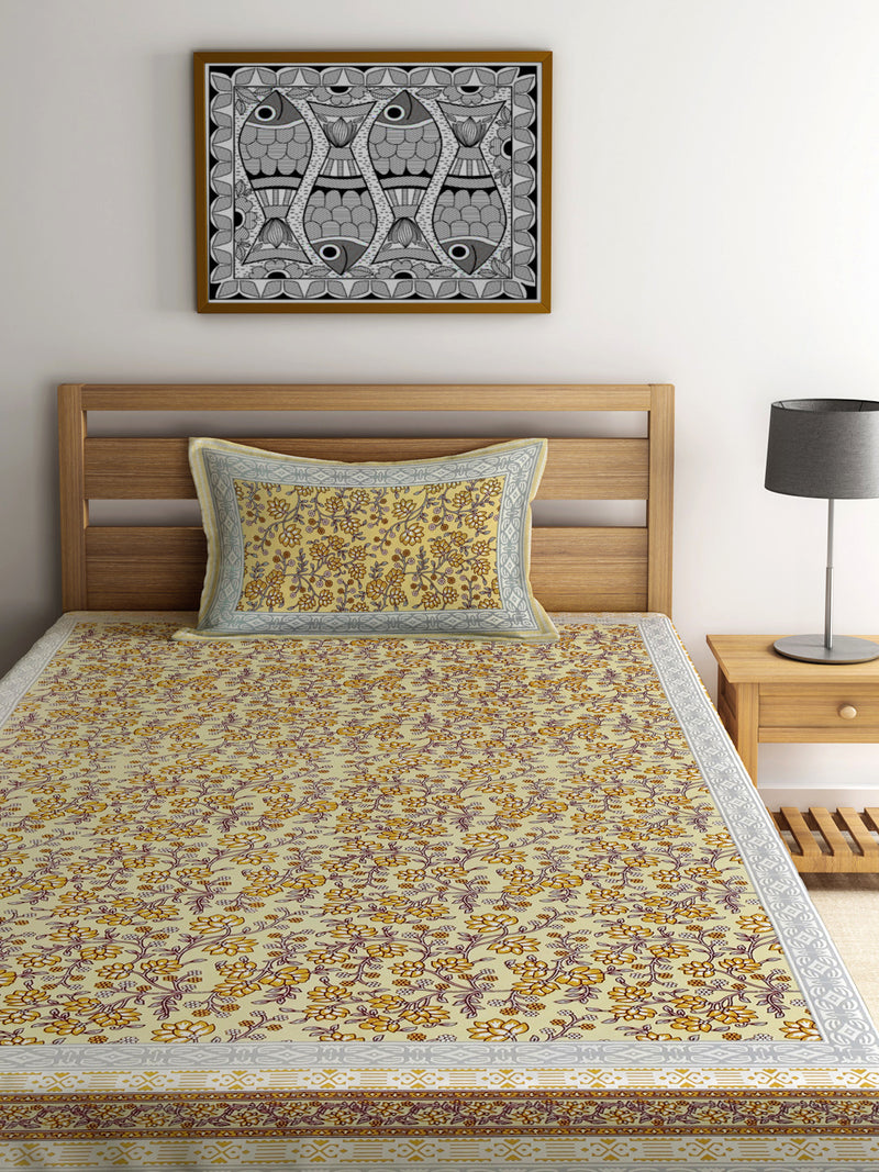 Light Yellow Cotton Jaipuri Floral Single Bed sheet with 1 Pillow Cover
