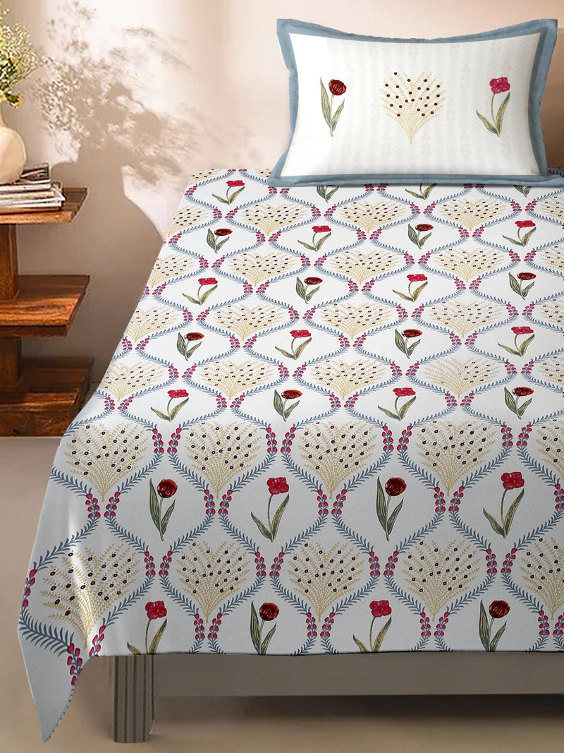 White and Red Floral Cotton Single Bed sheet with 1 Pillow Cover