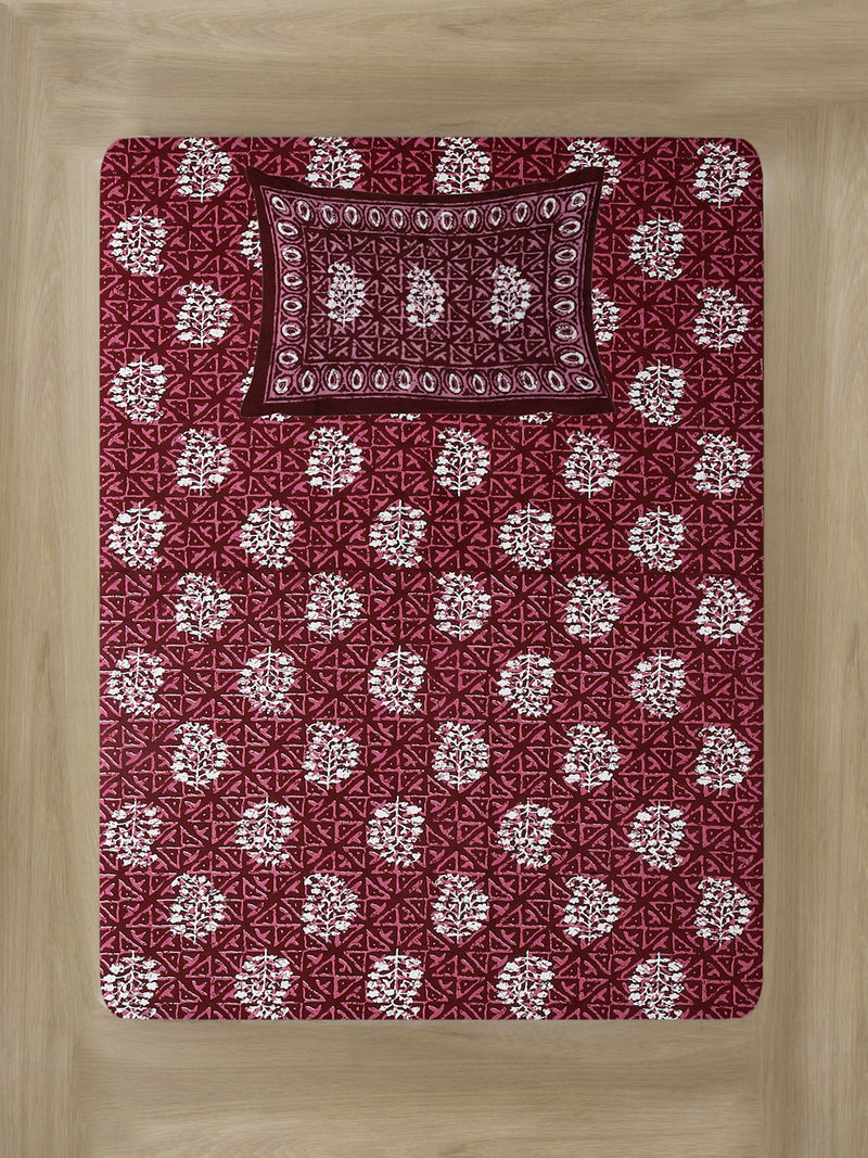 Maroon Floral Print 144 TC Cotton Single Bed Sheet with 1 Pillow Cover