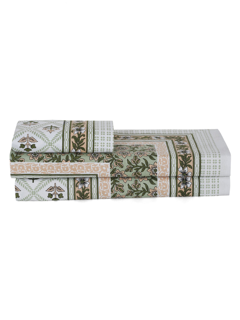 White and Green Floral Print 144 TC Cotton Single Bed Sheet with 1 Pillow Cover