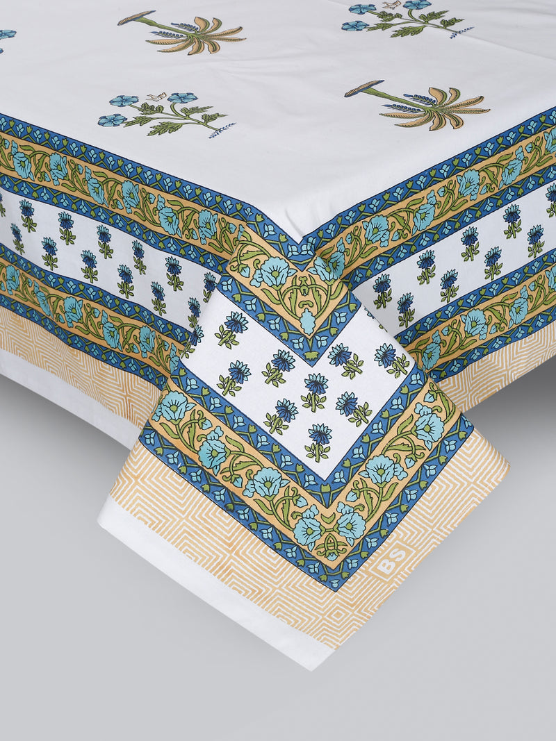 White and Olive Ethnic Motif Print 144 TC Cotton Single Bed Sheet with 1 Pillow Cover