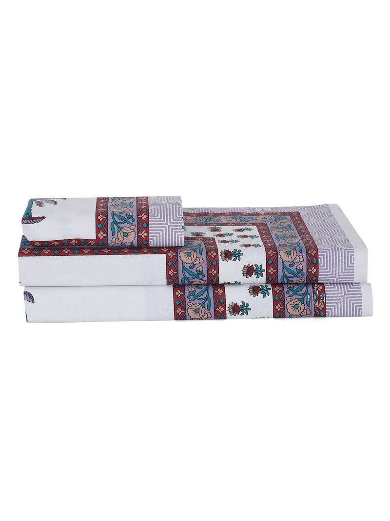White and Indigo Ethnic Motif Print 144 TC Cotton Single Bed Sheet with 1 Pillow Cover