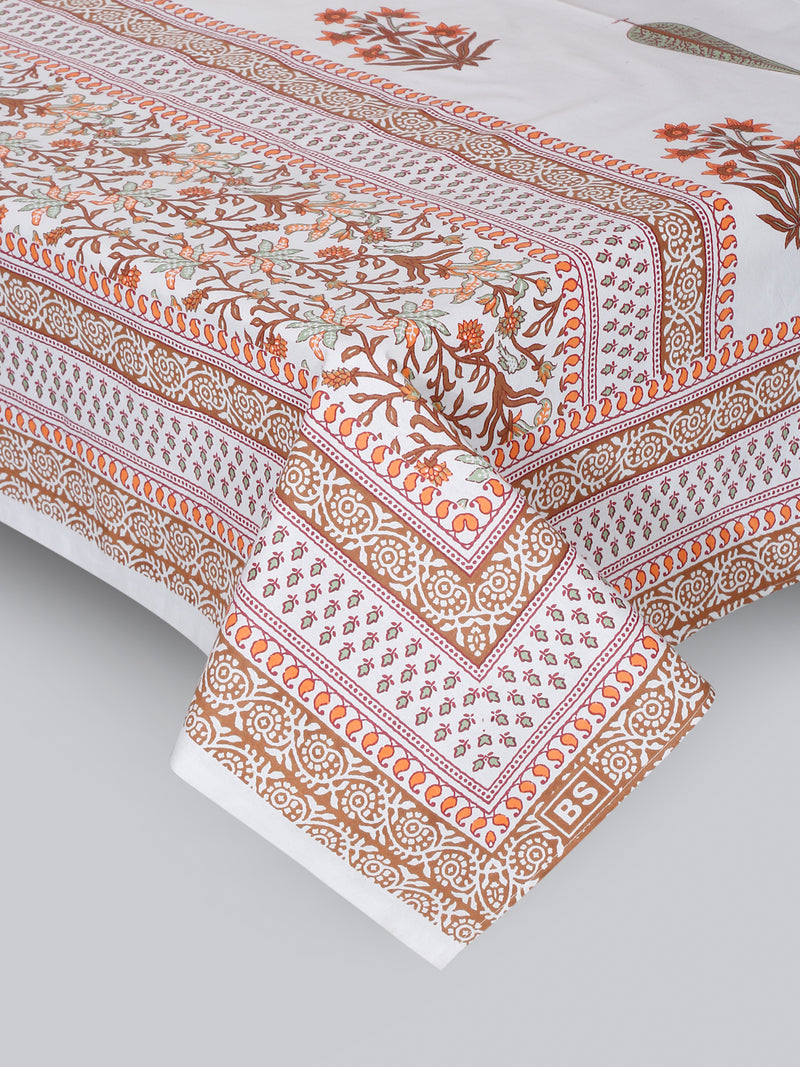 White and Orange Ethnic Motif Print 144 TC Cotton Single Bed Sheet with 1 Pillow Cover