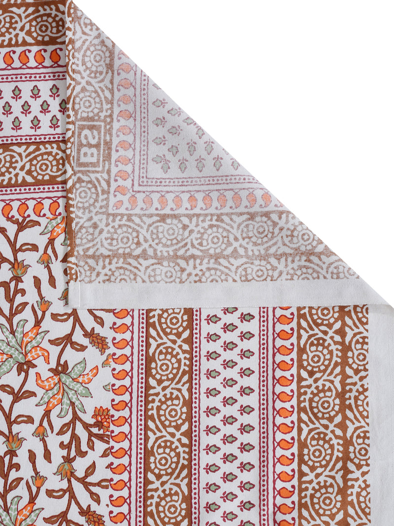 White and Orange Ethnic Motif Print 144 TC Cotton Single Bed Sheet with 1 Pillow Cover