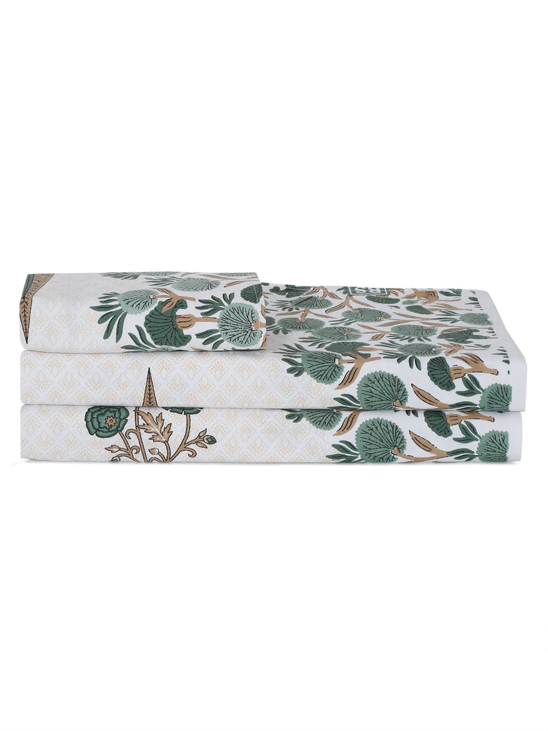 White and Olive Ethnic Motif Print 144 TC Cotton Single Bed Sheet with 1 Pillow Cover