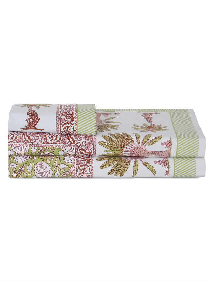 White and Green Floral Print 144 TC Cotton Single Bed Sheet with 1 Pillow Cover