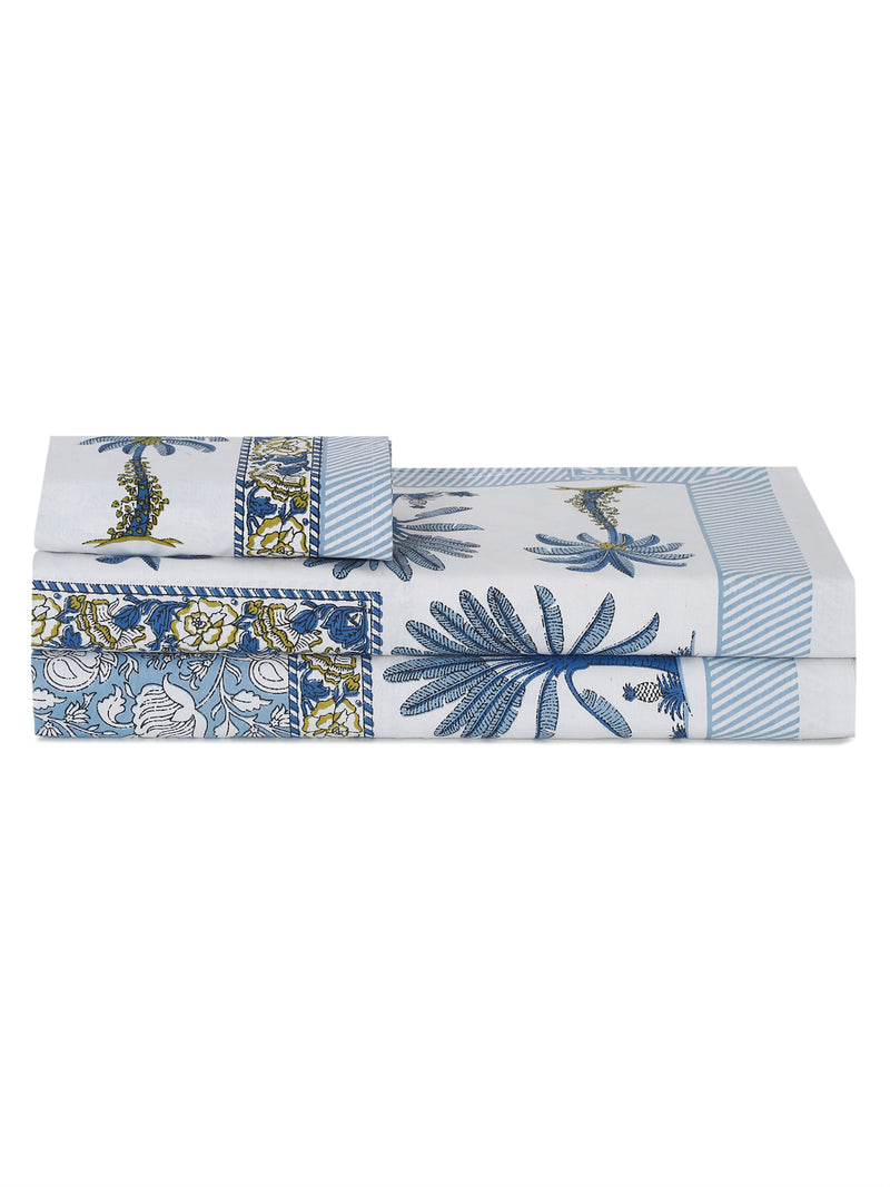 Sky Blue Floral Print 144 TC Cotton Single Bed Sheet with 1 Pillow Cover