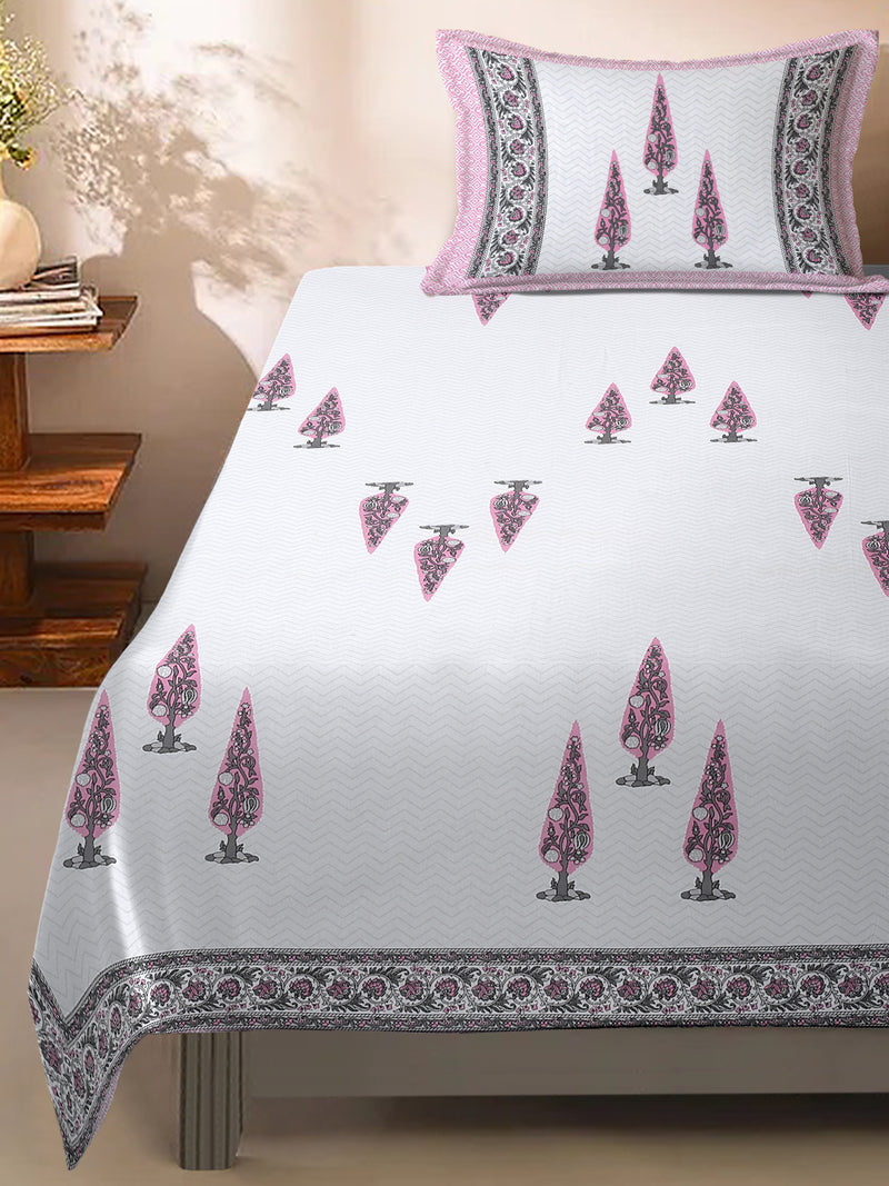 White and Pink Ethnic Motif Print 144 TC Cotton Single Bed Sheet with 1 Pillow Cover
