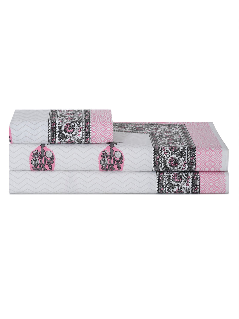 White and Pink Ethnic Motif Print 144 TC Cotton Single Bed Sheet with 1 Pillow Cover