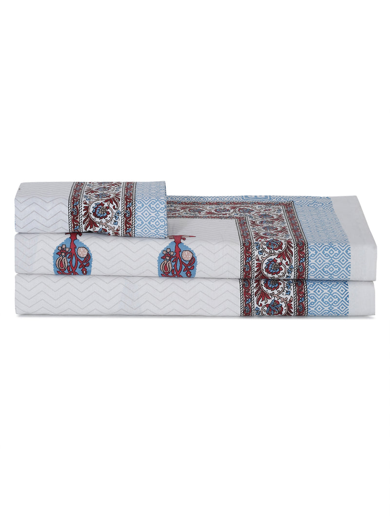 White and Indigo Ethnic Motif Print 144 TC Cotton Single Bed Sheet with 1 Pillow Cover