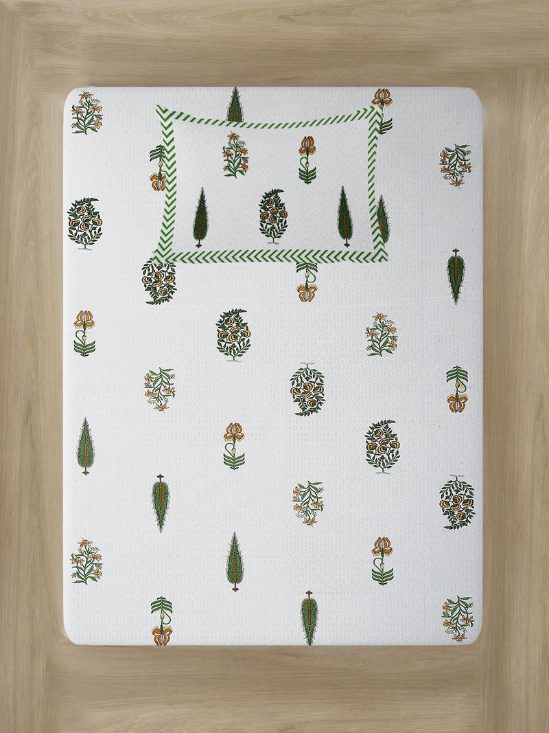 White and Green Ethnic Motif Print 144 TC Cotton Single Bed Sheet with 1 Pillow Cover