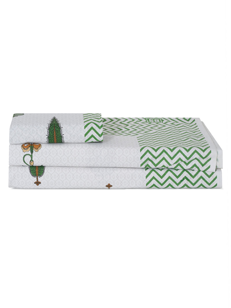 White and Green Ethnic Motif Print 144 TC Cotton Single Bed Sheet with 1 Pillow Cover