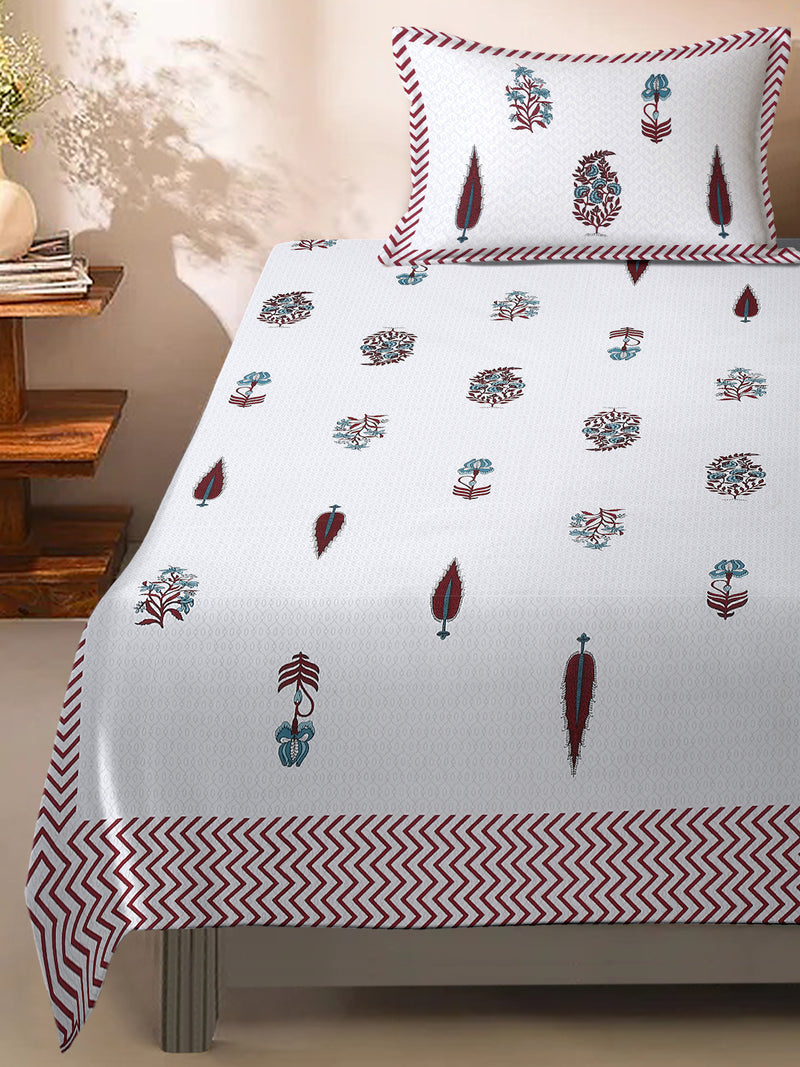 White and Red Ethnic Motif Print 144 TC Cotton Single Bed Sheet with 1 Pillow Cover