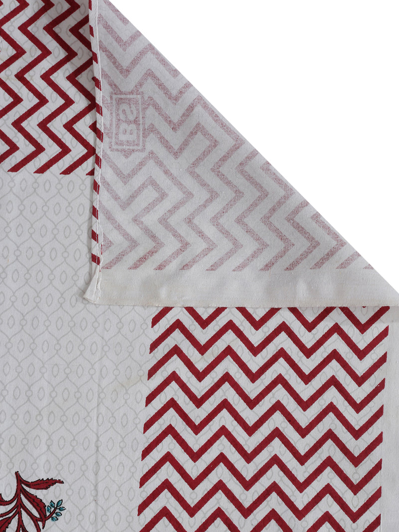 White and Red Ethnic Motif Print 144 TC Cotton Single Bed Sheet with 1 Pillow Cover