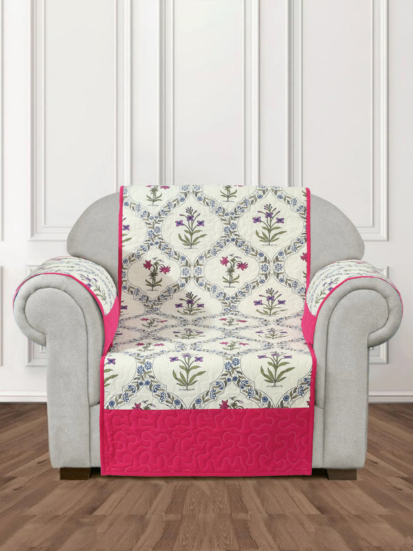 White and Fuchsia Color Floral Print Cotton 1 Seater Sofa with Hand Rest Cover