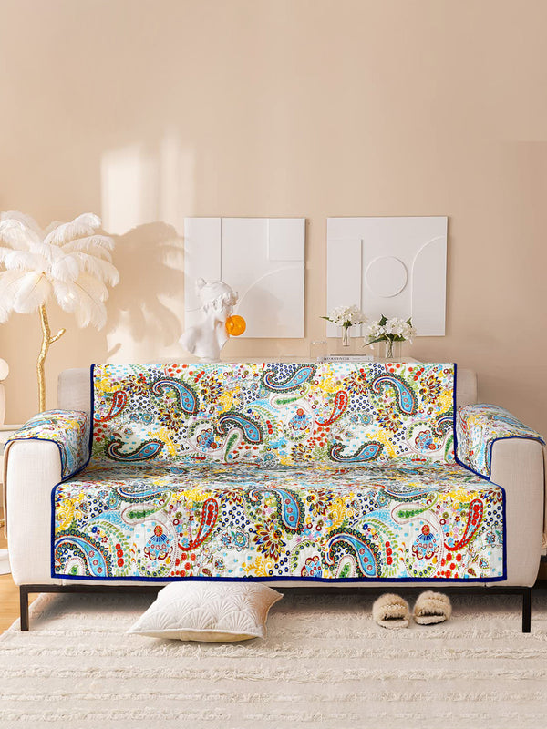 Multi Color Floral Print Cotton 2 Seater Sofa Cover with Hand Rest Cover