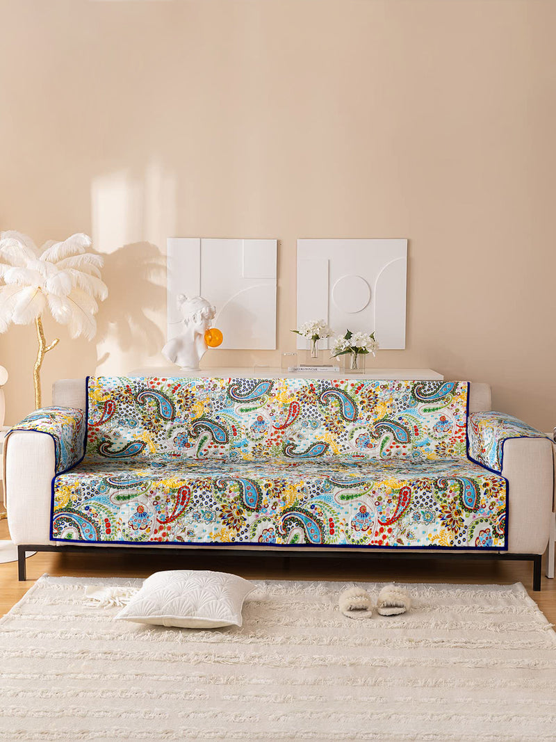 Multi Color Floral Print Cotton 3 Seater Sofa Cover with Hand Rest Cover