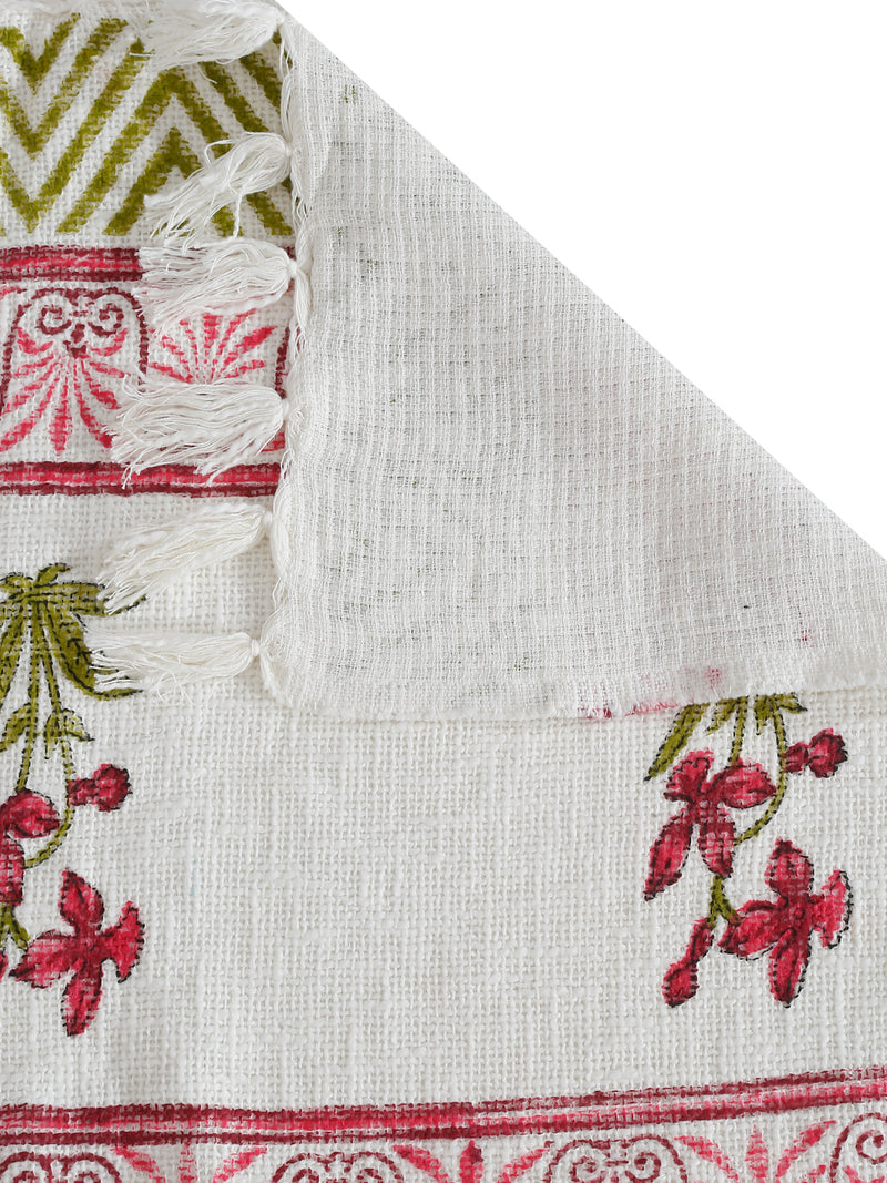 White and Red Floral Printed Cotton Throw