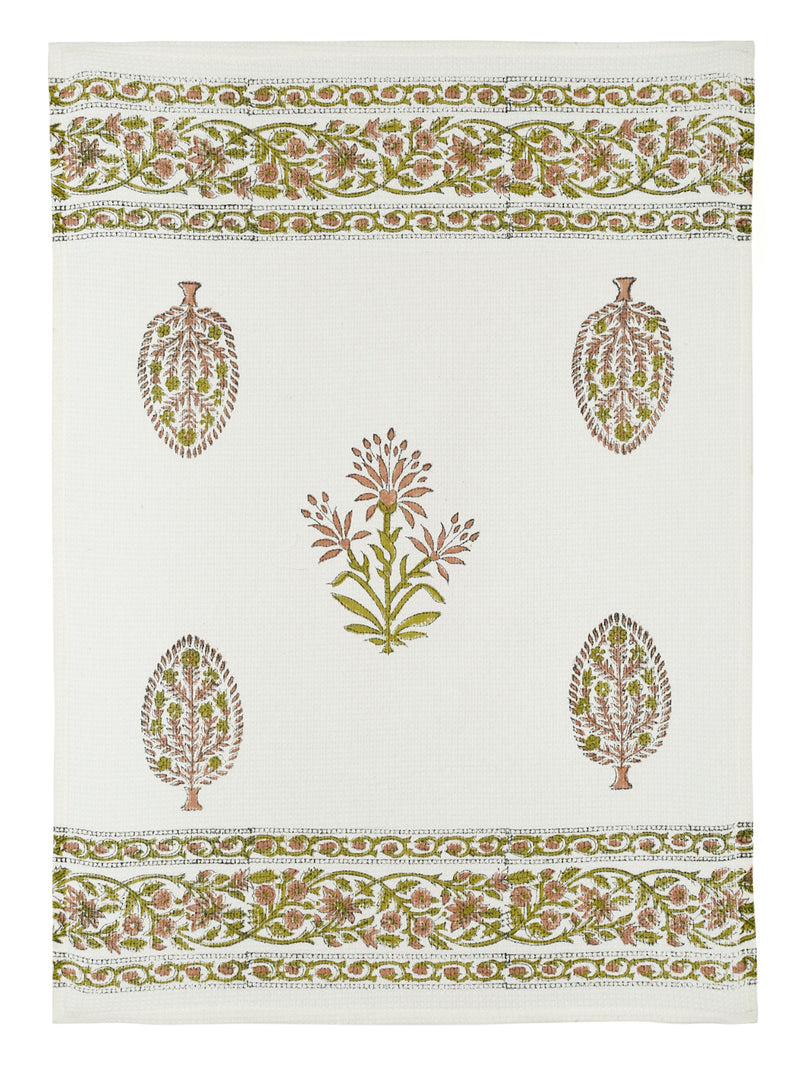 Cream and Green 180 GSM Hand Block Floral Cotton Towel Set of 3