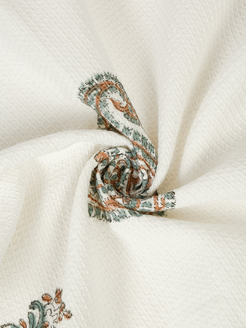 Cream and Green 180 GSM Hand Block Paisley Cotton Towel Set of 3