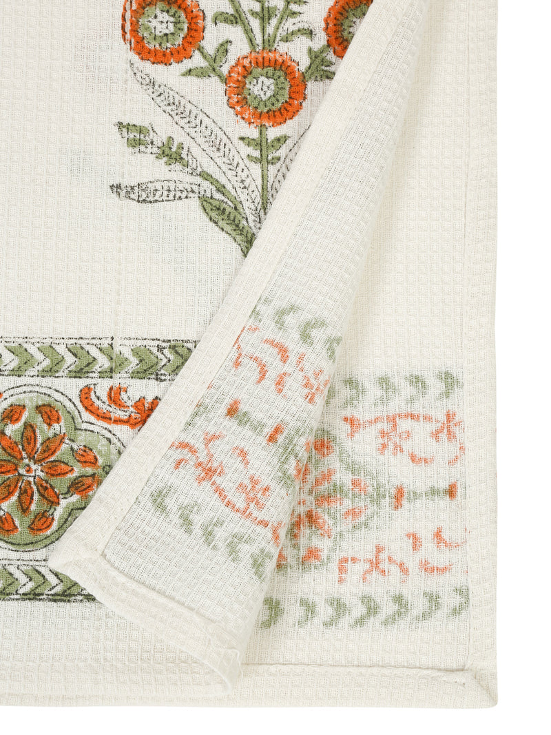Cream and Orange 180 GSM Hand Block Floral Cotton Towel Set of 3