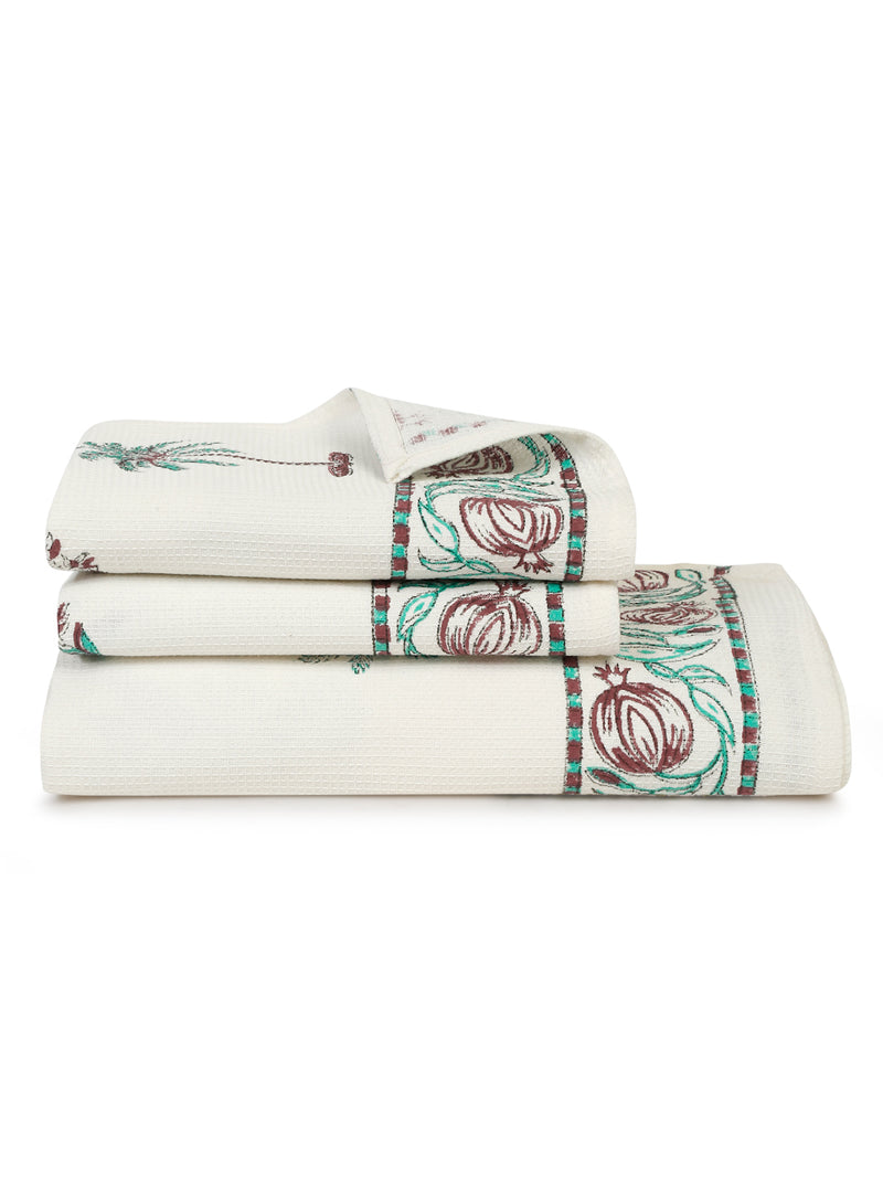 Cream and Turquoise 180 GSM Hand Block Cotton Towel Set of 3