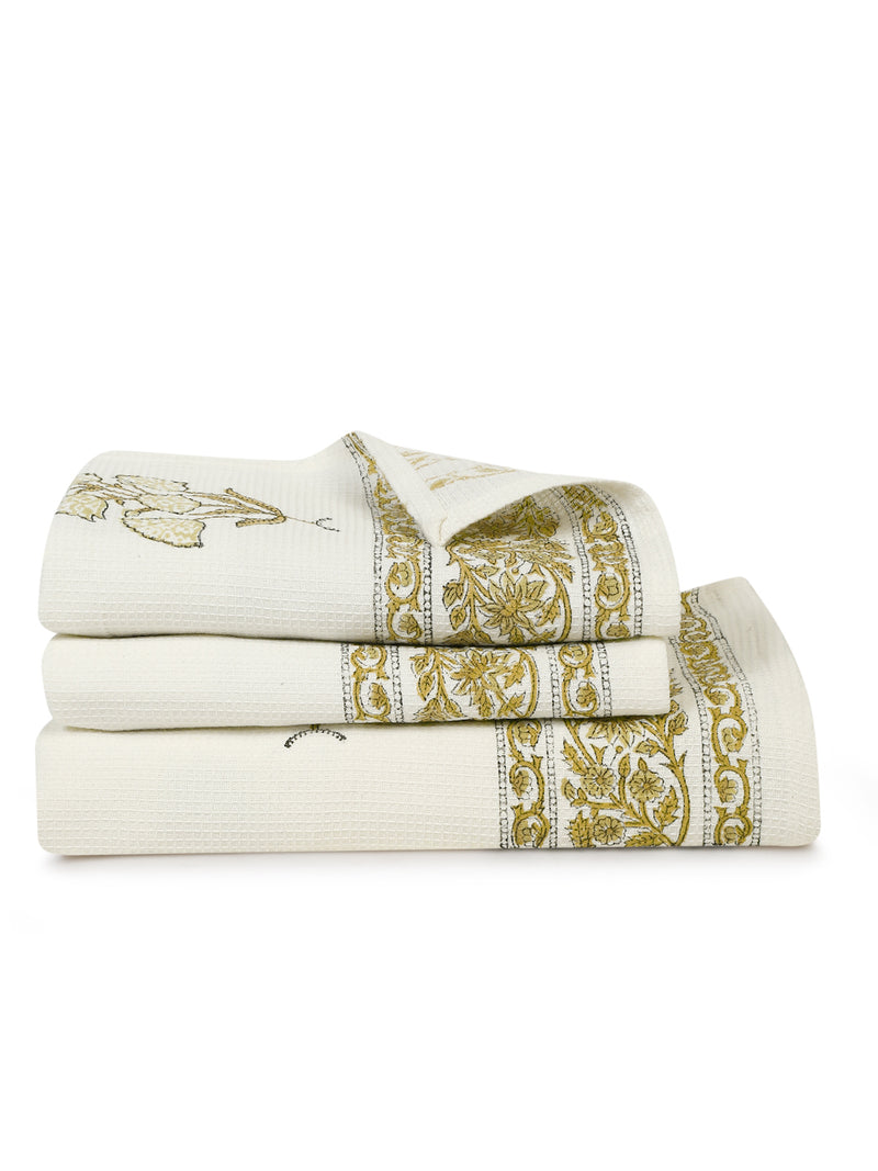 Cream and Olive 180 GSM Hand Block Floral Cotton Towel Set of 3