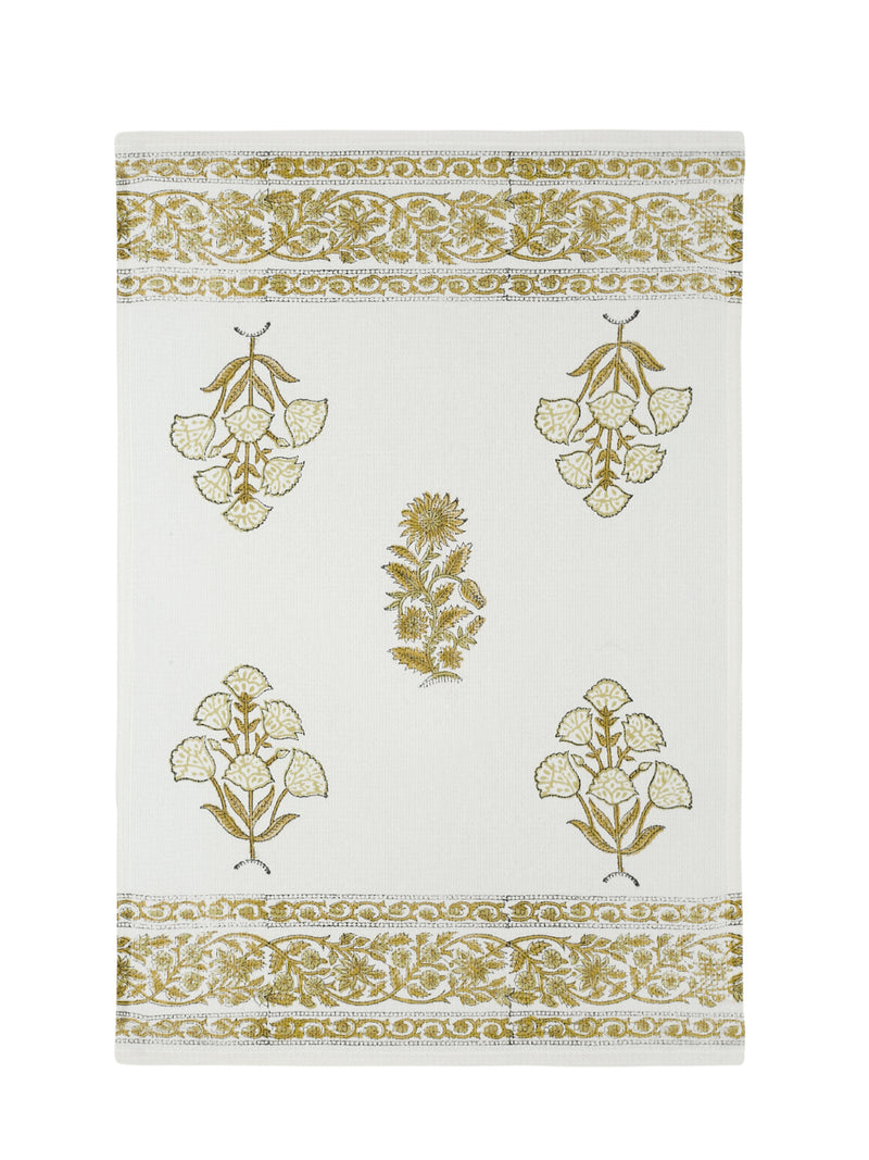 Cream and Olive 180 GSM Hand Block Floral Cotton Towel Set of 3