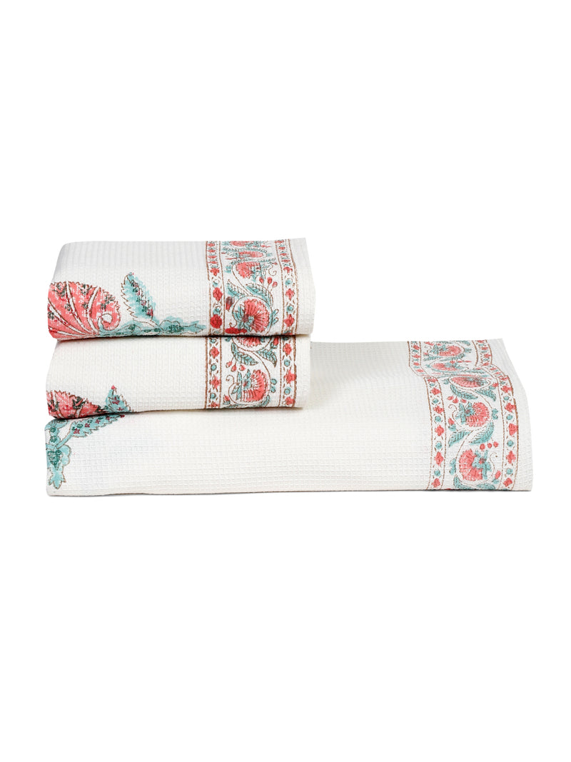 Cream and Pink 180 GSM Hand Block Floral Cotton Towel Set of 3