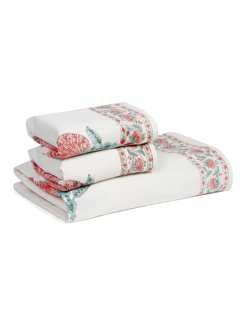 Cream and Pink 180 GSM Hand Block Floral Cotton Towel Set of 3